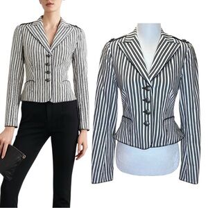 Club Monaco - Cropped Striped Blazer w/ Silver Buttons - Size 2, Black, White